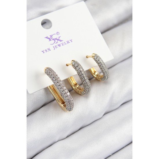 Pirinç Zirkon Taşlı 3'lü Oval Dikdörtgen Model Gold Ve Gümüş Renk Kadın Küpe Pirinç Zirkon Taşlı 3'lü Oval Dikdörtgen Model Gold Ve Gümüş Renk Kadın Küpe