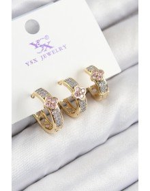 Pirinç Zirkon Taşlı 3'lü Halka Yonca Model Gold Ve Gümüş Renk Kadın Küpe