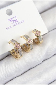 Pirinç Zirkon Taşlı 3'lü Halka Yonca Model Gold Ve Gümüş Renk Kadın Küpe