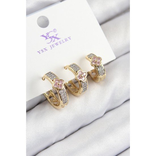 Pirinç Zirkon Taşlı 3'lü Halka Yonca Model Gold Ve Gümüş Renk Kadın Küpe