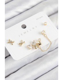 Pirinç Zirkon Taşlı Fiyonk Model Gold Renk 925 Ayar Gümüş Çivi Kadın Küpe Set