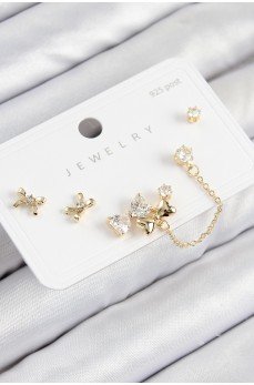 Pirinç Zirkon Taşlı Fiyonk Model Gold Renk 925 Ayar Gümüş Çivi Kadın Küpe Set