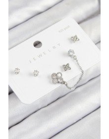 Pirinç Zirkon Taşlı Yonca Model Gümüş Renk 925 Ayar Gümüş Çivi Kadın Küpe Set