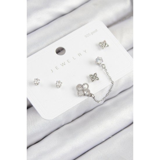 Pirinç Zirkon Taşlı Yonca Model Gümüş Renk 925 Ayar Gümüş Çivi Kadın Küpe Set