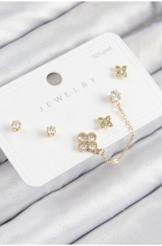 Pirinç Zirkon Taşlı Yonca Model Gold Renk 925 Ayar Gümüş Çivi Kadın Küpe Set Pirinç Zirkon Taşlı Yonca Model Gold Renk 925 Ayar Gümüş Çivi Kadın Küpe Set