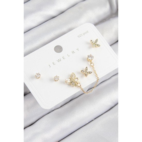 Pirinç Zirkon Taşlı Kelebek Model Gold Renk 925 Ayar Gümüş Çivi Kadın Küpe Set Pirinç Zirkon Taşlı Kelebek Model Gold Renk 925 Ayar Gümüş Çivi Kadın Küpe Set