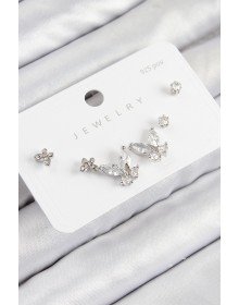 Pirinç Zirkon Taşlı Kelebek Model Gümüş Renk 925 Ayar Gümüş Çivi Kadın Küpe Set