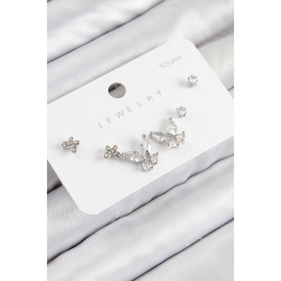 Pirinç Zirkon Taşlı Kelebek Model Gümüş Renk 925 Ayar Gümüş Çivi Kadın Küpe Set