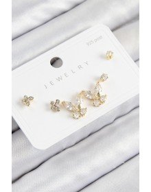 Pirinç Zirkon Taşlı Kelebek Model Gold Renk 925 Ayar Gümüş Çivi Kadın Küpe Set