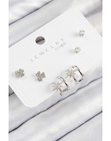 Pirinç Zirkon Taşlı Kutup Yıldızı Model Gümüş Renk 925 Ayar Gümüş Çivi Kadın Küpe Set