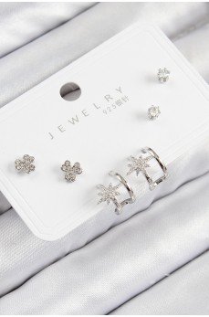 Pirinç Zirkon Taşlı Kutup Yıldızı Model Gümüş Renk 925 Ayar Gümüş Çivi Kadın Küpe Set