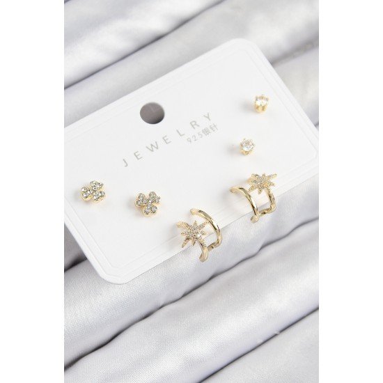 Pirinç Zirkon Taşlı Kutup Yıldızı Model Gold Renk 925 Ayar Gümüş Çivi Kadın Küpe Set Pirinç Zirkon Taşlı Kutup Yıldızı Model Gold Renk 925 Ayar Gümüş Çivi Kadın Küpe Set