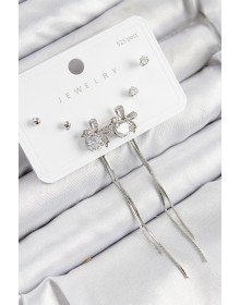 Pirinç Zirkon Taşlı Sallantılı Fiyonk Model Gümüş Renk 925 Ayar Gümüş Çivi Kadın Küpe Set