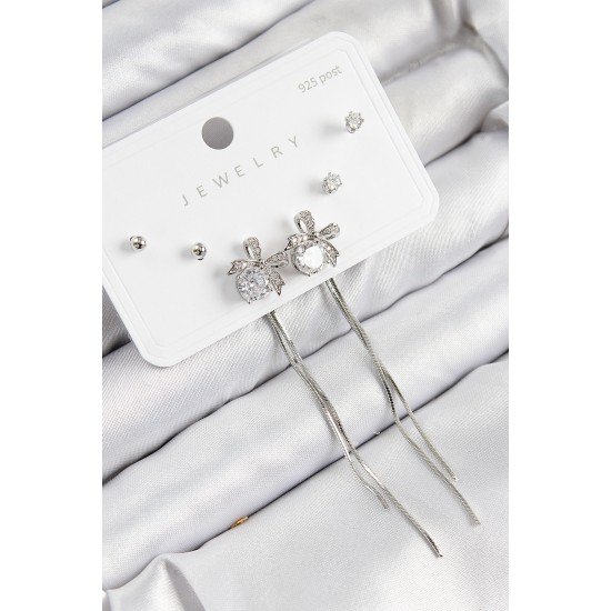 Pirinç Zirkon Taşlı Sallantılı Fiyonk Model Gümüş Renk 925 Ayar Gümüş Çivi Kadın Küpe Set