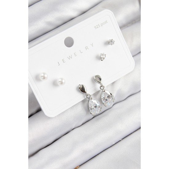 Pirinç Zirkon Taşlı Sallantılı Damla Model Gümüş Renk 925 Ayar Gümüş Çivi Kadın Küpe Set