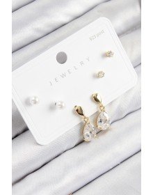 Pirinç Zirkon Taşlı Sallantılı Damla Model Gold Renk 925 Ayar Gümüş Çivi Kadın Küpe Set
