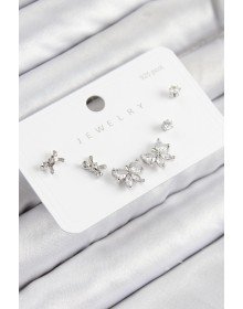 Pirinç Zirkon Taşlı Fiyonk Model Gümüş Renk 925 Ayar Gümüş Çivi Kadın Küpe Set