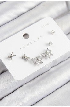 Pirinç Zirkon Taşlı Fiyonk Model Gümüş Renk 925 Ayar Gümüş Çivi Kadın Küpe Set