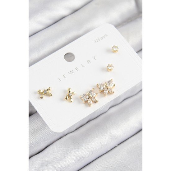 Pirinç Zirkon Taşlı Fiyonk Model Gold Renk 925 Ayar Gümüş Çivi Kadın Küpe Set