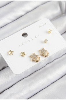 Pirinç Zirkon Taşlı Yıldız Model Gold Renk 925 Ayar Gümüş Çivi Kadın Küpe Set