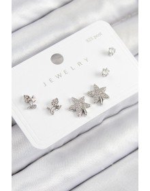 Pirinç Zirkon Taşlı Yıldız Ve Gül Model Gümüş Renk 925 Ayar Gümüş Çivi Kadın Küpe Set