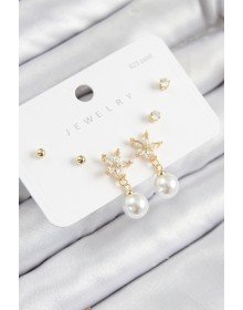 Pirinç Zirkon Taşlı İnci Sallantılı Çiçek Model Gümüş Renk 925 Ayar Gümüş Çivi Kadın Küpe Set