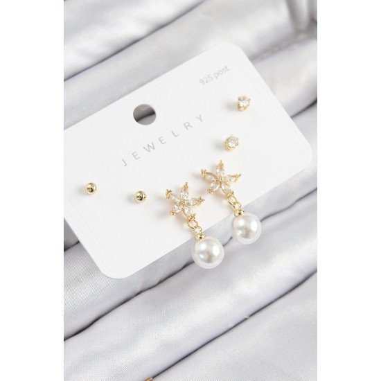 Pirinç Zirkon Taşlı İnci Sallantılı Çiçek Model Gümüş Renk 925 Ayar Gümüş Çivi Kadın Küpe Set