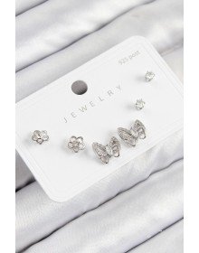 Pirinç Zirkon Taşlı Kelebek Model Gümüş Renk 925 Ayar Gümüş Çivi Kadın Küpe Set