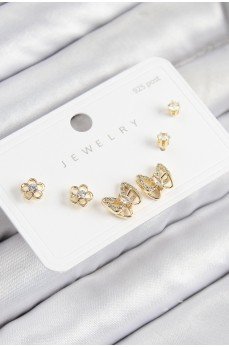 Pirinç Zirkon Taşlı Kelebek Model Gold Renk 925 Ayar Gümüş Çivi Kadın Küpe Set Pirinç Zirkon Taşlı Kelebek Model Gold Renk 925 Ayar Gümüş Çivi Kadın Küpe Set