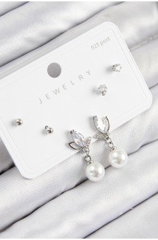 Pirinç Zirkon Taşlı İnci Sallantılı Damla Model Gümüş Renk 925 Ayar Gümüş Çivi Kadın Küpe Set