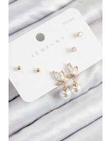 Pirinç Zirkon Taşlı İnci Sallantılı Damla Model Gold Renk 925 Ayar Gümüş Çivi Kadın Küpe Set