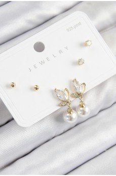 Pirinç Zirkon Taşlı İnci Sallantılı Damla Model Gold Renk 925 Ayar Gümüş Çivi Kadın Küpe Set