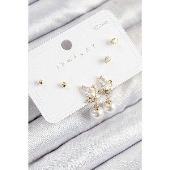 Pirinç Zirkon Taşlı İnci Sallantılı Damla Model Gold Renk 925 Ayar Gümüş Çivi Kadın Küpe Set