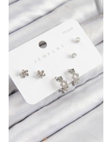 Pirinç Zirkon Taşlı Halka Model Gümüş Renk 925 Ayar Gümüş Çivi Kadın Küpe Set