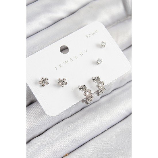 Pirinç Zirkon Taşlı Halka Model Gümüş Renk 925 Ayar Gümüş Çivi Kadın Küpe Set