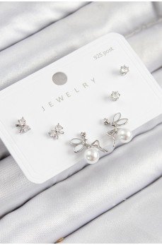 Pirinç Zirkon Taşlı İnci Melek Model Gümüş Renk 925 Ayar Gümüş Çivi Kadın Küpe Set