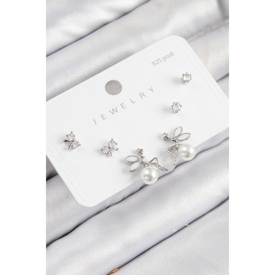 Pirinç Zirkon Taşlı İnci Melek Model Gümüş Renk 925 Ayar Gümüş Çivi Kadın Küpe Set Pirinç Zirkon Taşlı İnci Melek Model Gümüş Renk 925 Ayar Gümüş Çivi Kadın Küpe Set