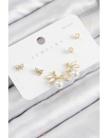 Pirinç Zirkon Taşlı İnci Melek Model Gold Renk 925 Ayar Gümüş Çivi Kadın Küpe Set