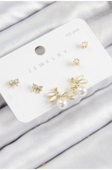 Pirinç Zirkon Taşlı İnci Melek Model Gold Renk 925 Ayar Gümüş Çivi Kadın Küpe Set