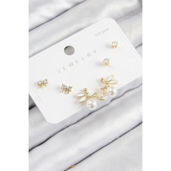 Pirinç Zirkon Taşlı İnci Melek Model Gold Renk 925 Ayar Gümüş Çivi Kadın Küpe Set Pirinç Zirkon Taşlı İnci Melek Model Gold Renk 925 Ayar Gümüş Çivi Kadın Küpe Set