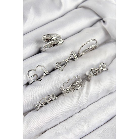 Pirinç Zirkon Taşlı Fiyonk Ve Kalp Model Gümüş Renk Kadın Yüzük Kombin Set