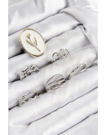 Pirinç Zirkon Taşlı Lale Model Gümüş Renk Kadın Yüzük Kombin Set