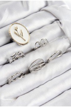 Pirinç Zirkon Taşlı Lale Model Gümüş Renk Kadın Yüzük Kombin Set