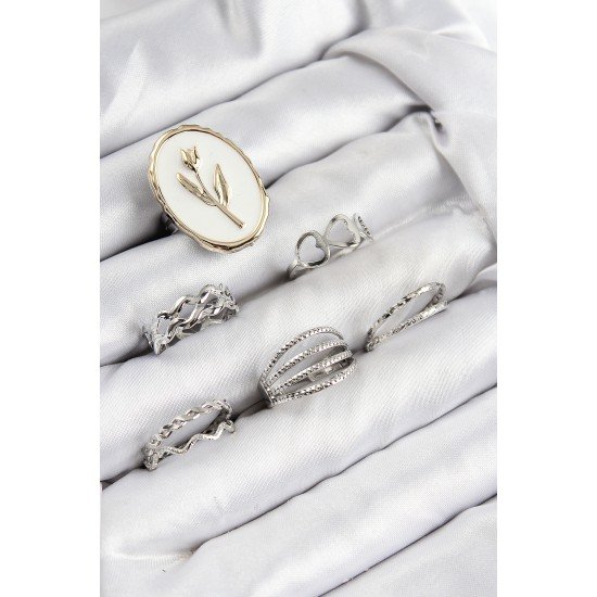 Pirinç Zirkon Taşlı Lale Model Gümüş Renk Kadın Yüzük Kombin Set