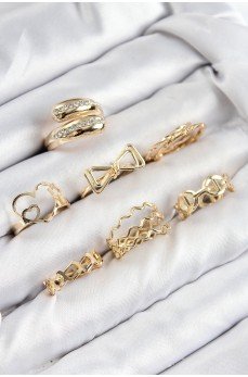 Pirinç Zirkon Taşlı Fiyonk Ve Kalp Model Gold Renk Kadın Yüzük Kombin Set