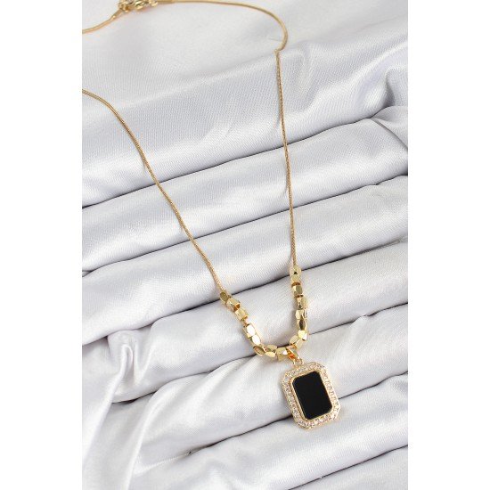 316L Çelik Zirkon Taşlı Siyah Baget Model Gold Renk Kadın Kolye