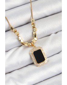 316L Çelik Zirkon Taşlı Siyah Baget Model Gold Renk Kadın Kolye