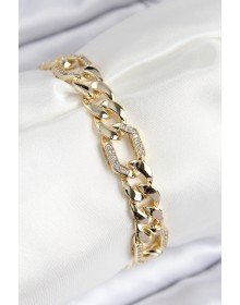 VIP Pirinç Zirkon Taşlı Parçalı Zincir Model Gold Renk Kadın Bileklik