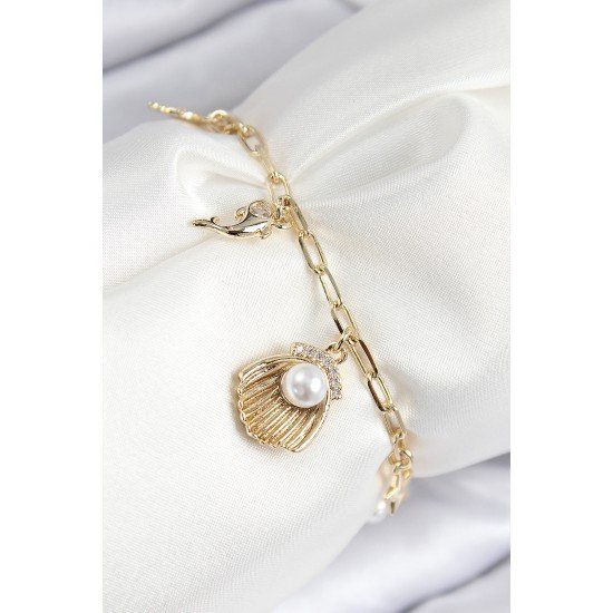 Pirinç Zirkon Taşlı İncili İstiridye Model Gold Renk Kadın Bileklik