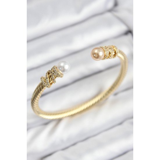 316L Çelik Zirkon Taşlı İnci Model Gold Renk Kadın Bileklik